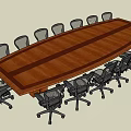 Large Wooden Oval Shaped Conference Table With Multiple Ergonomic Office Chairs And Wheels