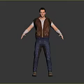 Man In Brown Vest Blue Jeans With Backpack And White Wristbands Arms Outstretched Gray Background