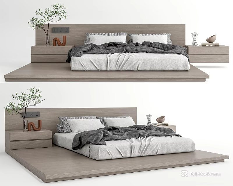 Modern Platform Double Bed With Wooden Headboard Gray Sheets Bedside Tables And Plants 3d model 