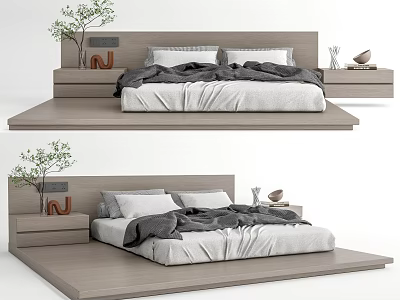 Modern Platform Double Bed With Wooden Headboard Gray Sheets Bedside Tables And Plants 3d model