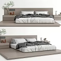 Modern Platform Double Bed With Wooden Headboard Gray Sheets Bedside Tables And Plants