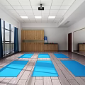 Bright Yoga Fitness Room With Blue Mats Wooden Floor Projection Screen And Balls
