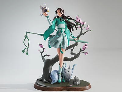 Anime Statue With Traditional Green Dress Bird White Fox And Cherry Blossoms 3d model