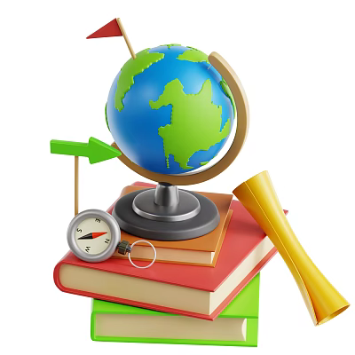 Yellow Pen with Globe and Compass and Books on Stack of Textbooks 3d model