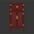 Chinese Traditional Red Cabinet With Gold Accents And Carved Patterns