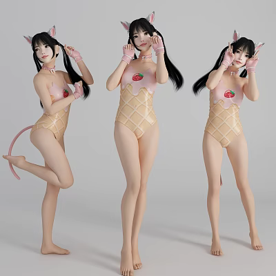 Woman with Cat Ears Pink Tail in Diamond Patterned Outfit and Strawberry Design Different Poses 3d model