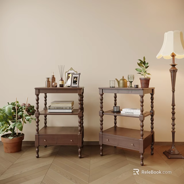 Elegant Wooden Side Tables With Photo Frame Scented Bottles Books And Potted Plant In Living Room 3d model 