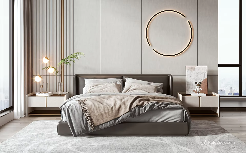 Modern Gray Upholstered Double Bed With Nightstands Table Lamps And Circular Wall Decor 3d model 