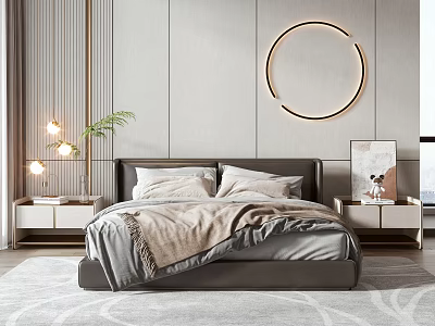 Modern Gray Upholstered Double Bed With Nightstands Table Lamps And Circular Wall Decor 3d model