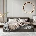 Modern Gray Upholstered Double Bed With Nightstands Table Lamps And Circular Wall Decor