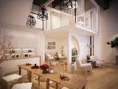 Modern Beauty Salon Interior With Styling Stations Comfortable Seats And Hanging Lights 3d model