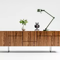 Wooden TV Stand With Drawers Cabinets Metal Legs Green Lamp And Plant Decor