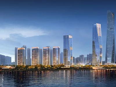 Modern Office Building Complex With Glass Curtain Walls And Waterfront City Skyline 3d model