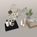 Bathroom Accessories with Stacked Towels Bottles Scented Candles Green Plant and Wicker Basket