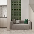 Modern Apartment Interior Design With Staircase Green Wall Sofa And Wooden Elements 3d model