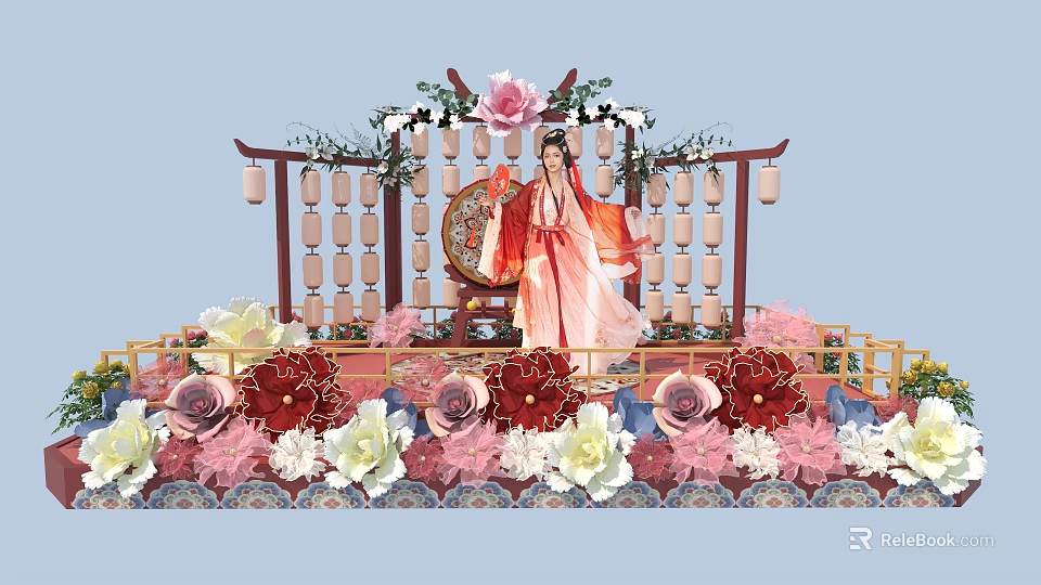 Traditional Chinese Decorative Scene With Female In Hanfu Floral Ornaments And Lanterns 3d model 