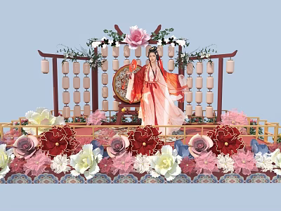 Traditional Chinese Decorative Scene With Female In Hanfu Floral Ornaments And Lanterns 3d model