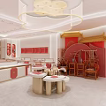 Elegant Jewelry Store Interior With Red Gold Decor Circular Display Cases And Chandelier