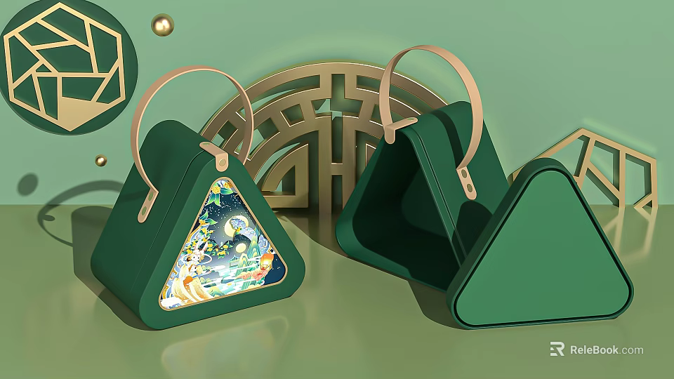 Green Triangular Handbags With Golden Accents And Geometric Background Patterns 3d model 