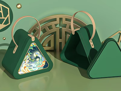 Green Triangular Handbags With Golden Accents And Geometric Background Patterns 3d model
