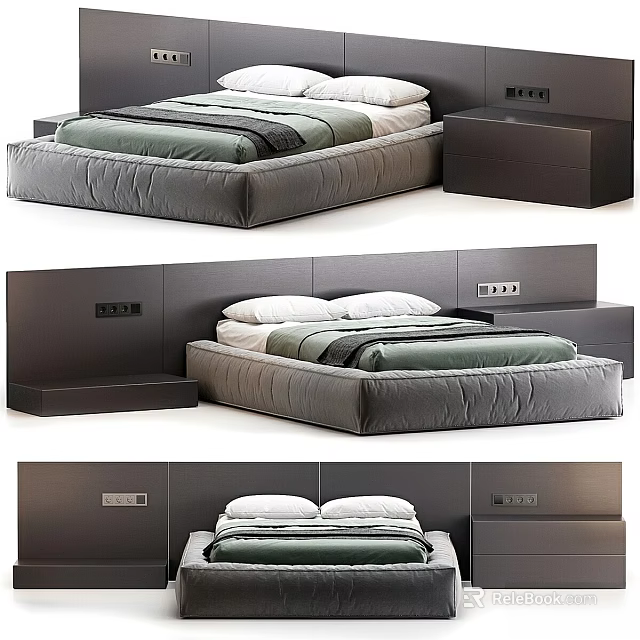 Modern Double Bed with Platform Design Green Bedding and Gray Nightstand 3d model 