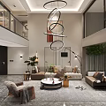Modern Duplex Living Room Interior With High Ceiling Circular Chandelier Stone Wall And Staircase