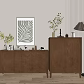 Wooden Entryway Cabinet And Side Cabinet With Green Plants Decorative Leaf Painting And Floor Lamp