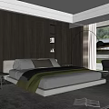 Elegant Dark Wall Bedroom With Striped Accent King Bed Floor Lamp And Window View