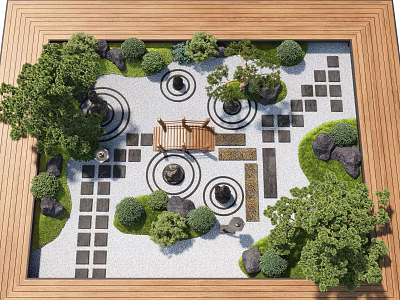 Karesansui Garden Design With Raked Sand Circular Patterns Arranged Stones And Small Greenery 3d model