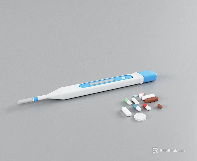 Medical Device Digital Thermometer And Assorted Medication Pills On Gray Surface 3d model