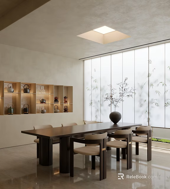 Serene Tea Room With Long Wooden Table Chairs And Bamboo Pattern Window Screen 3d model 
