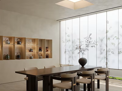 Serene Tea Room With Long Wooden Table Chairs And Bamboo Pattern Window Screen 3d model