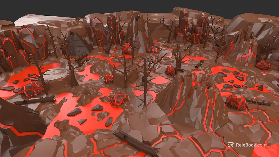 Micro Terrain Model With Volcanic Landforms Lava Flows And Dead Trees 3d model 