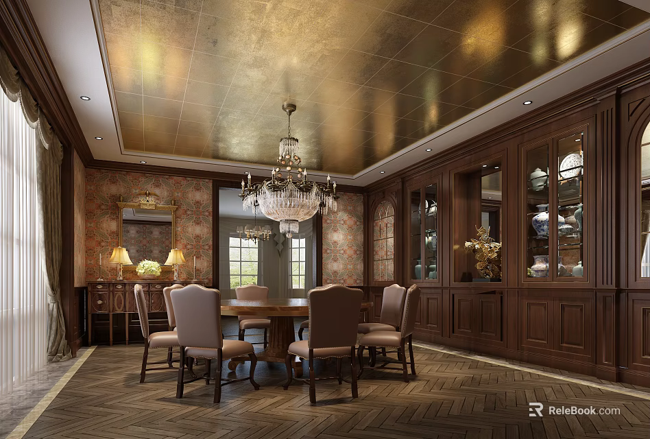 Classic Restaurant Interior With Gold Ceiling Crystal Chandelier Wooden Cabinets And Round Table 3d model 