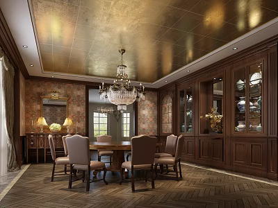 Classic Restaurant Interior With Gold Ceiling Crystal Chandelier Wooden Cabinets And Round Table 3d model
