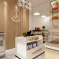 Modern Mall Pastry Shop Interior With Glass Display Cases Wooden Shelves And Pendant Lights