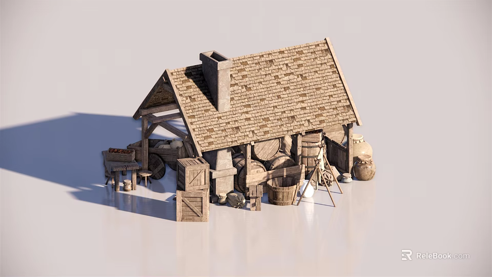 Rustic Wooden Cottage With Thatch Roof And Surrounding Barrels Crates Cart 3d model 