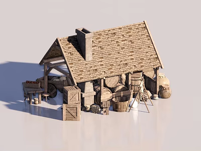 Rustic Wooden Cottage With Thatch Roof And Surrounding Barrels Crates Cart 3d model