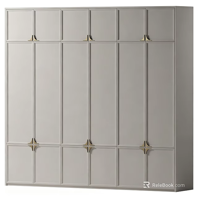 Sleek White Wardrobe With Modern Panel Design And Gold Metal Accents 3d model 