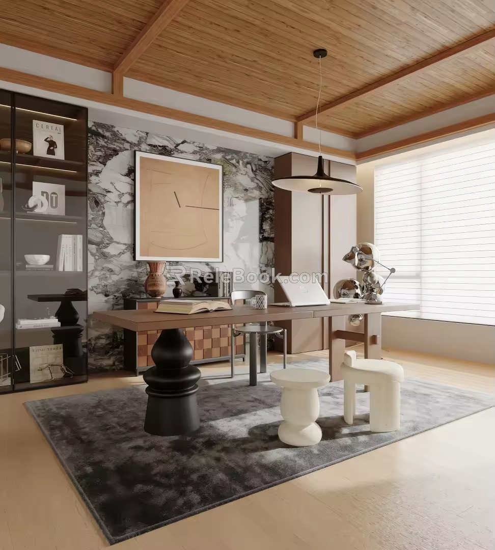 Modern Study Desk Carpet Bookcase Chandelier 3d model
