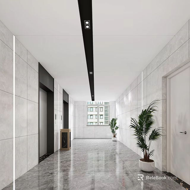 Modern Elevator Lobby With Marble Walls Floors Ceiling Lights And Plants 3d model