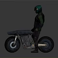 Futuristic Helmeted Figure Standing Beside Sleek Motorcycle With Green Armor And Black Wheels