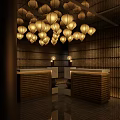 Stylish Shop Front Desk With Wooden Panel Walls And Hanging Lanterns
