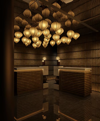 Stylish Shop Front Desk With Wooden Panel Walls And Hanging Lanterns 3d model