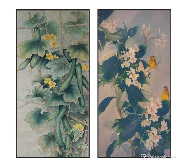Botanical Paintings Featuring Cucumbers Yellow Flowers Green Leaves White Blooms and Birds 3d model 
