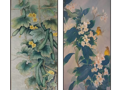 Botanical Paintings Featuring Cucumbers Yellow Flowers Green Leaves White Blooms and Birds 3d model