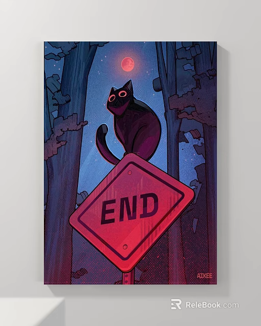 Animal Painting Of Black Cat On Red END Sign With Night Trees And Moon 3d model 