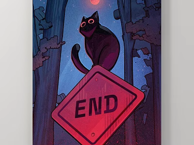 Animal Painting Of Black Cat On Red END Sign With Night Trees And Moon 3d model