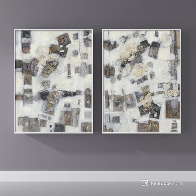 Abstract Painting Diptych With Geometric Shapes Neutral Tones Textured Modern Art Wall Decor 3d model 