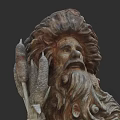 Bearded Man Sculpture With Curly Hair Holding Spear Like Tool And Detailed Texture